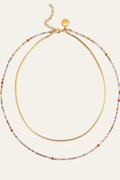Collar Doble Crystals Lisse Acero Ba&ntilde;o Oro