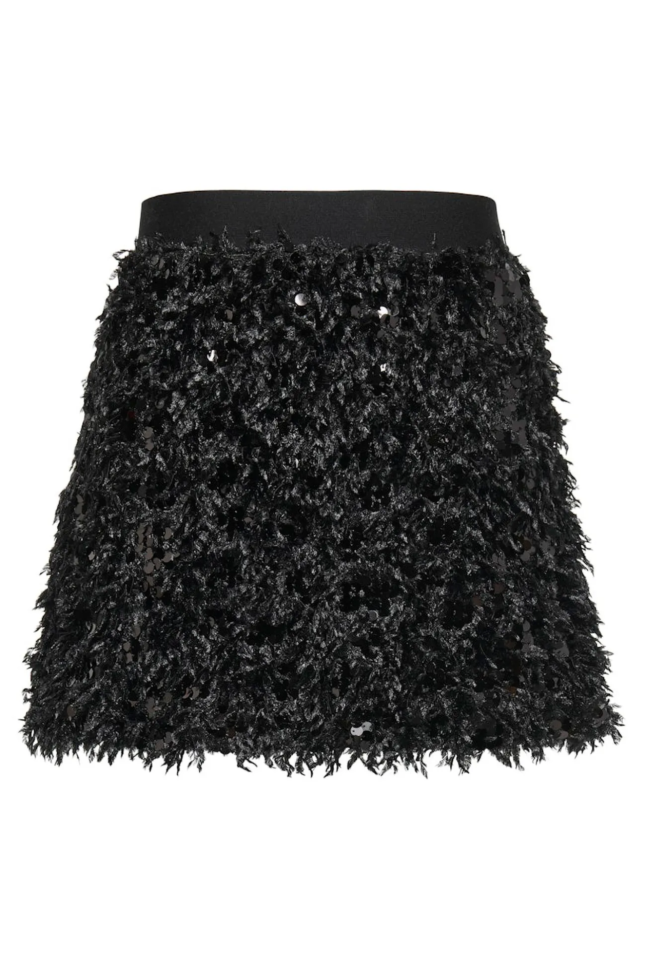 Falda corta de plumas y lentejuelas