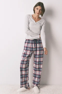 Pantal&oacute;n largo 100% algod&oacute;n franela cuadros azul