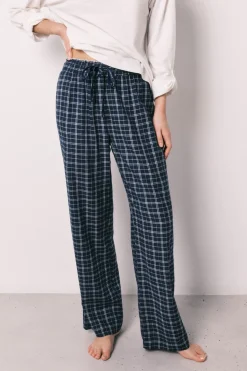 Pantal&oacute;n largo azul estampado cuadros
