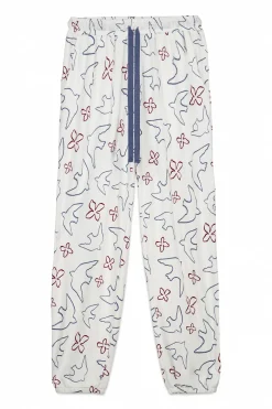 Pantal&oacute;n largo blanco estampado p&aacute;jaros