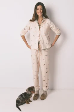 Pijama camisero largo 100% algodón estampado rayas y perritos