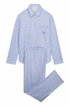 Pijama camisero largo azul estampado puntos