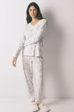 Pijama largo canal&eacute; soft blanco estampado Moomin